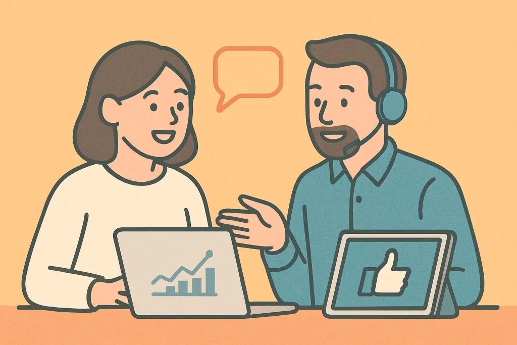専門家がお客様に寄り添い、一緒にPC画面を見ながら課題解決に取り組む様子をイラストにしました。「契約期間の縛りなし」という点から、気軽に相談できるパートナーとしての親しみやすさと安心感を表現しています。